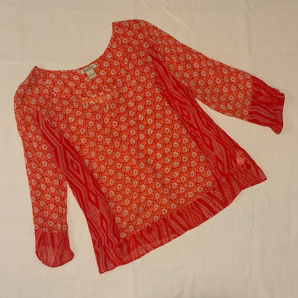 Luck Brand coral orange paisley bandana print sheer peasant blouse